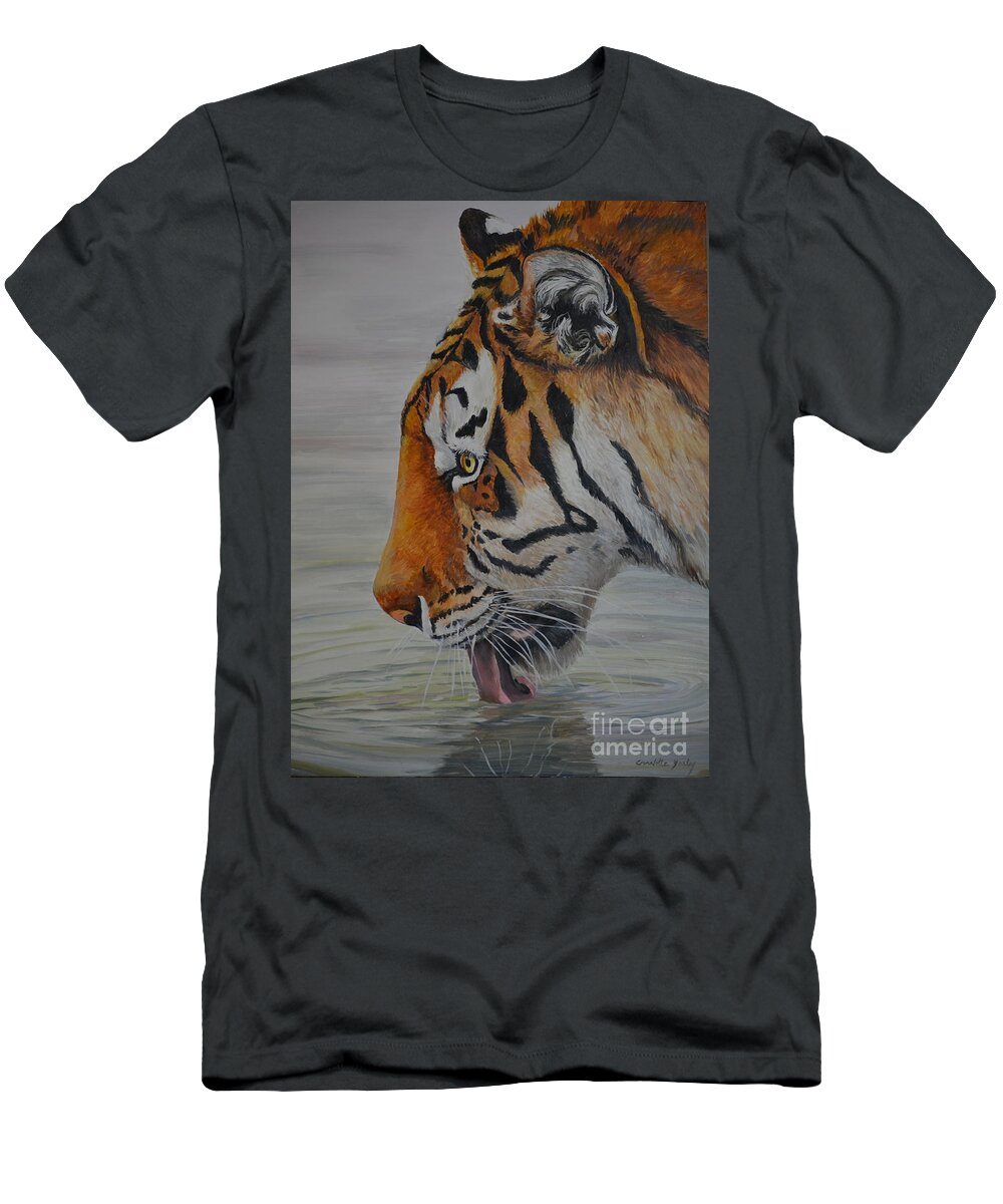 Tiger T-Shirt featuring the painting Thirsty by Charlotte Yealey