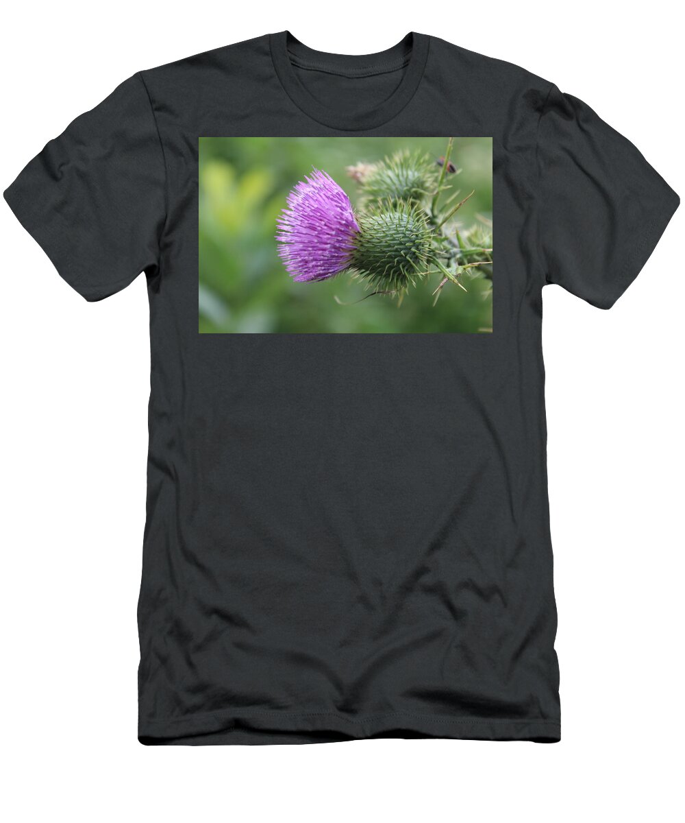 Purple Flower Thistle Closeup Green Plant Weed    T-Shirt featuring the photograph Thistle Flower by Scott Burd