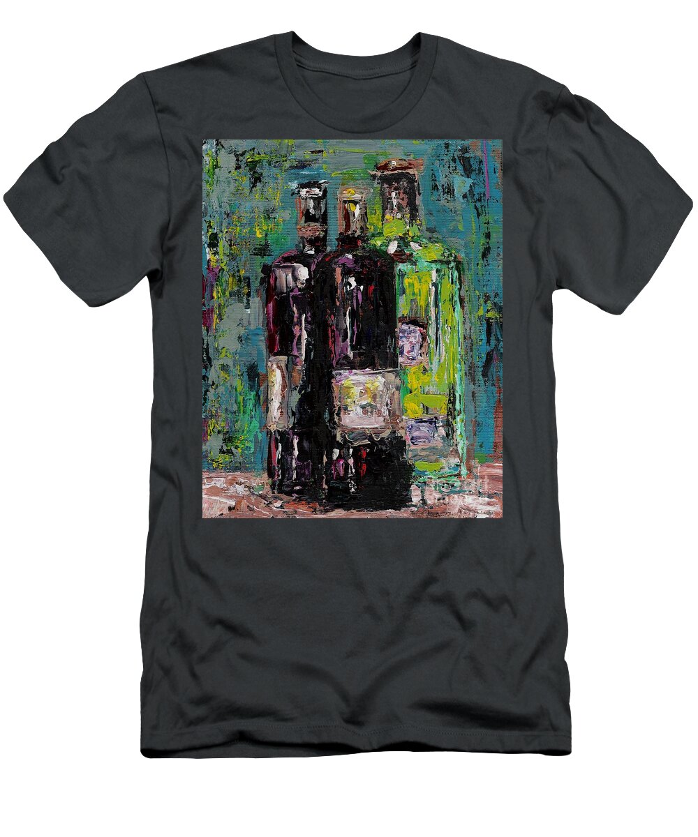 Wine T-Shirt featuring the painting Three Bottles of Wine by Frances Marino