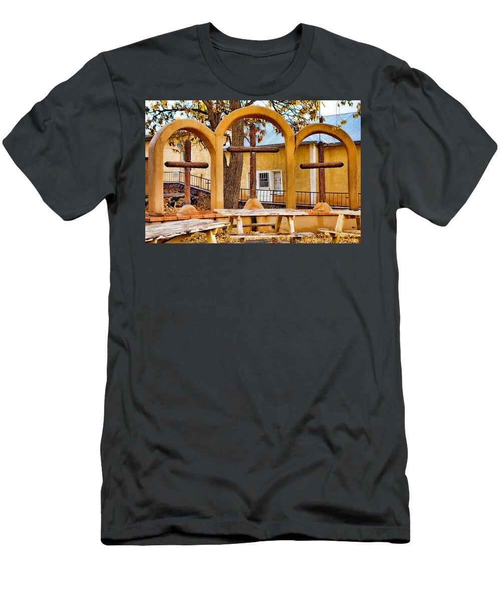 Three T-Shirt featuring the photograph Three Crosses of El Santuario de Chimayo by Robert Meyers-Lussier
