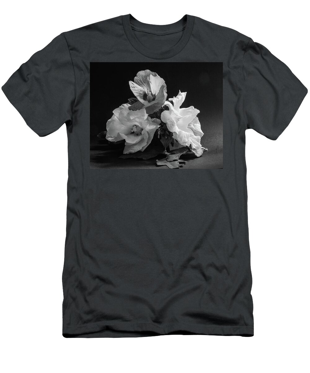 Flowers T-Shirt featuring the photograph Three Hibiscus Monochrome by Jeff Townsend