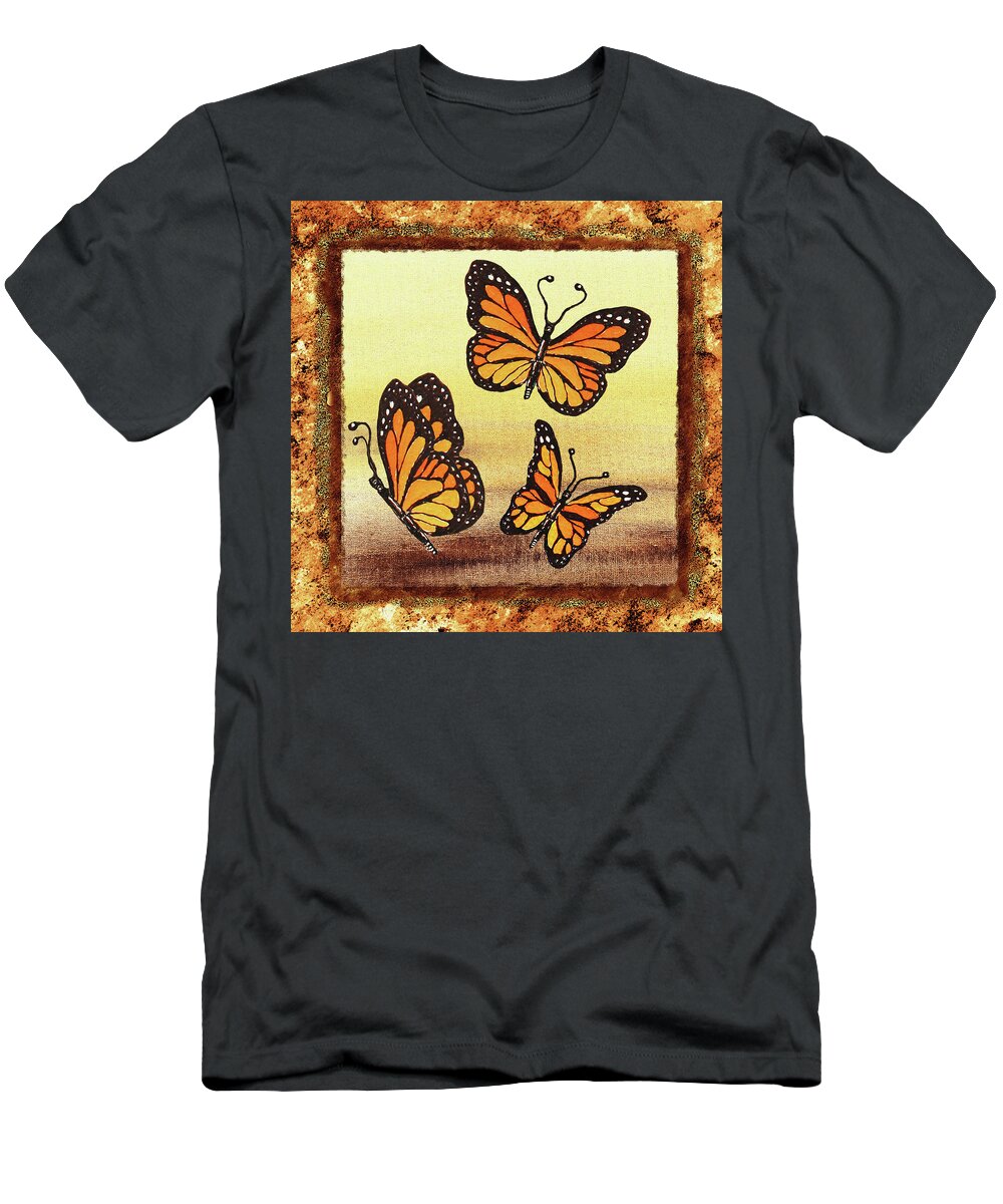 Monarch Butterfly T-Shirt featuring the painting Three Monarch Butterflies by Irina Sztukowski