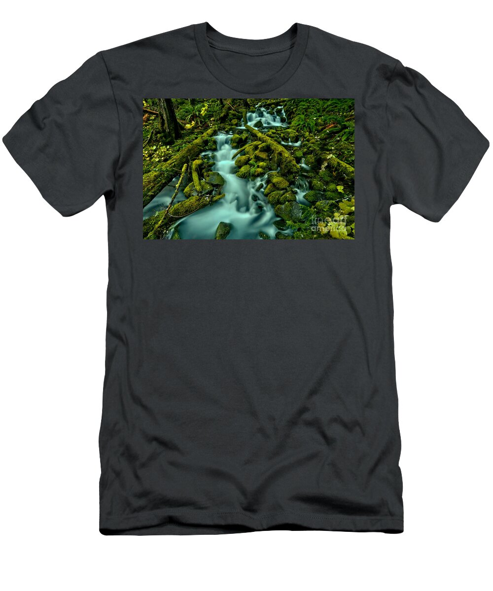 Olympic National Park T-Shirt featuring the photograph Through Moss Covered Boulders And Logs by Adam Jewell