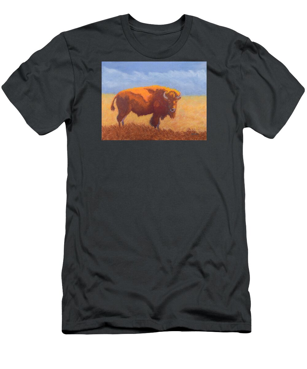 Bison T-Shirt featuring the painting Thunder on the Prairie by Nancy Jolley