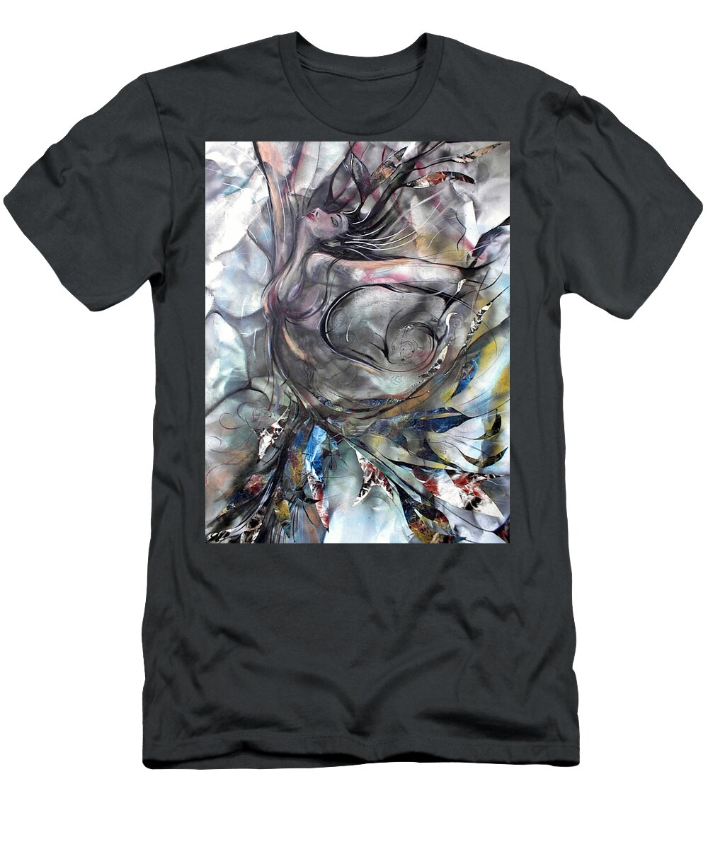 Mixed Medium Collage Acrylic Figurative Woman Dancing T-Shirt featuring the painting To The Tree by Jan VonBokel
