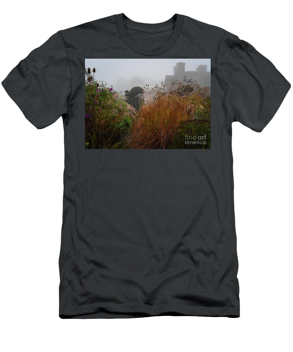 Topiary T-Shirt featuring the photograph Topiary Peacocks in the Autumn Mist, Great Dixter 2 by Perry Rodriguez
