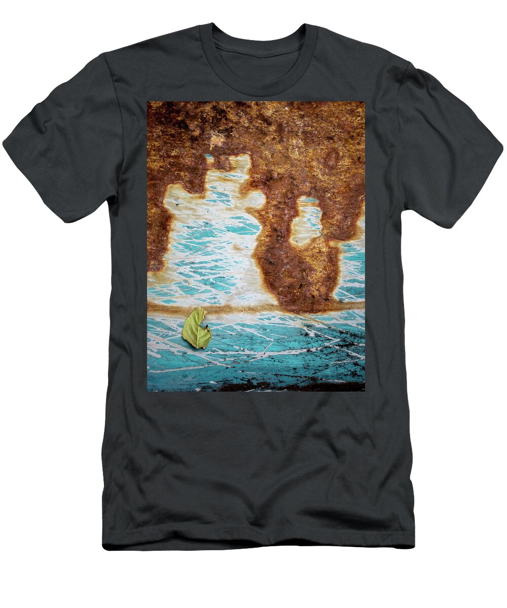 Abstract T-Shirt featuring the photograph Torn Leaf on Rusted Metal by Mary Lee Dereske
