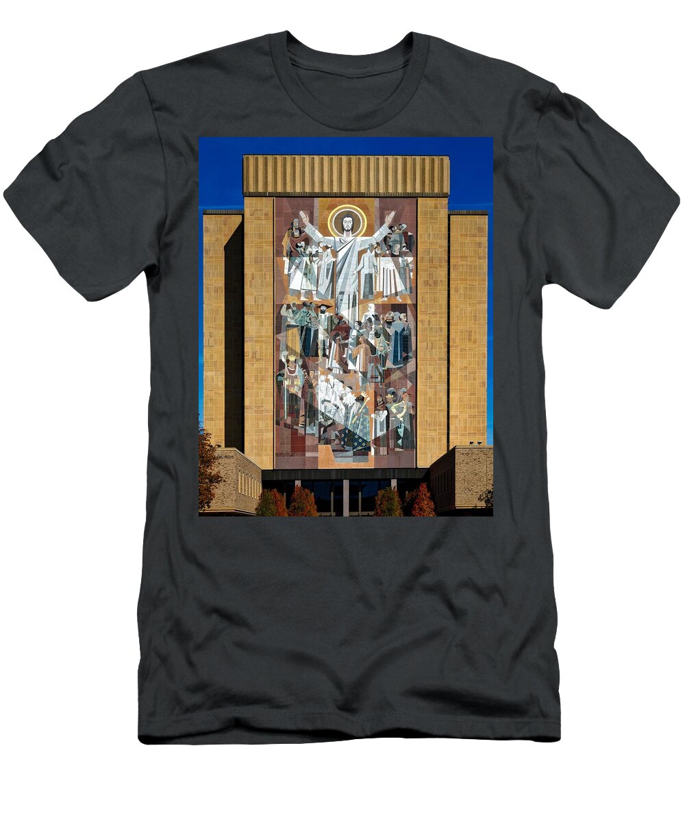Hesburgh Library T-Shirt featuring the photograph Touchdown Jesus - Hesburgh Library by Mountain Dreams