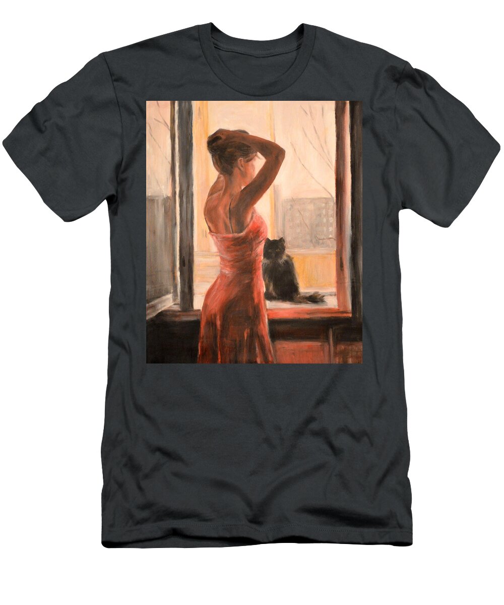 Woman With Cat T-Shirt featuring the painting Tranquille by Escha Van den bogerd