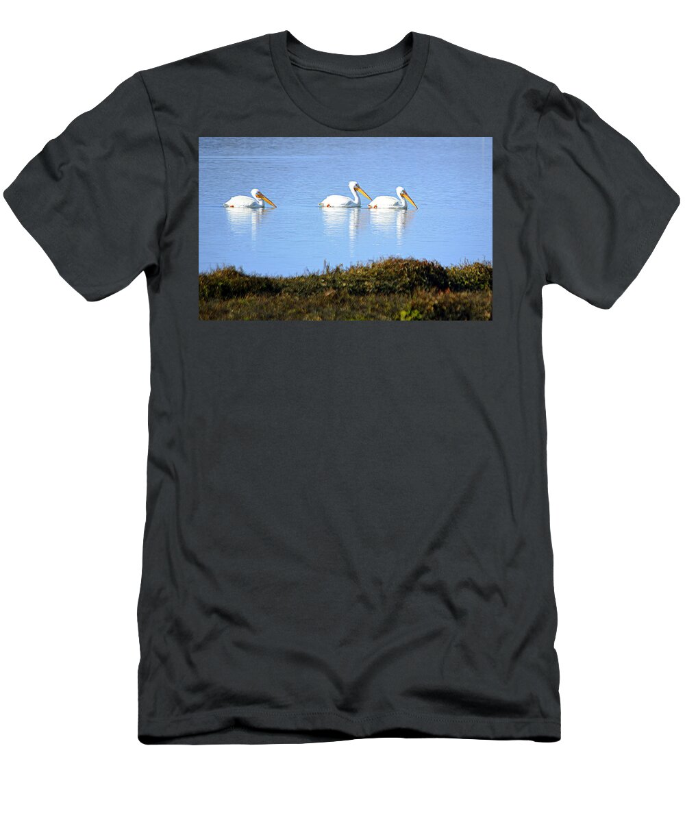 Birds T-Shirt featuring the photograph Tres Pelicanos Blancos by AJ Schibig