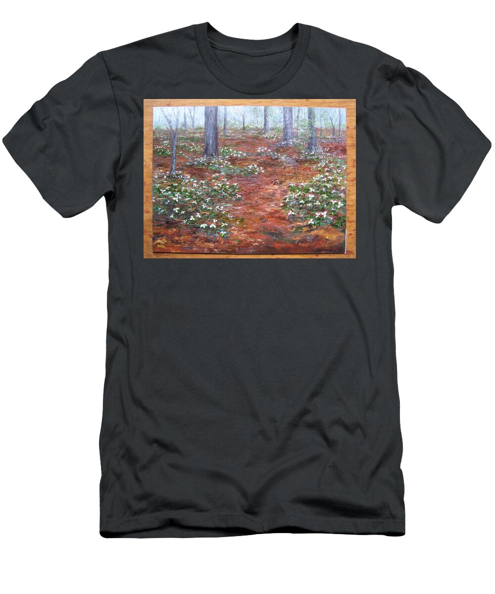 Trilliums T-Shirt featuring the painting Trilliums after the rain by Jan Byington