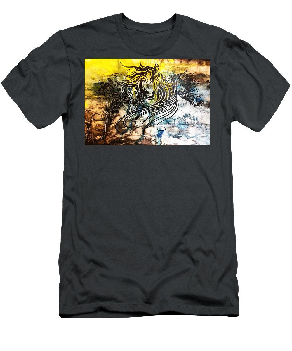 Home Design T-Shirt featuring the painting Trio Balck Horses by Kathleen Artist PRO