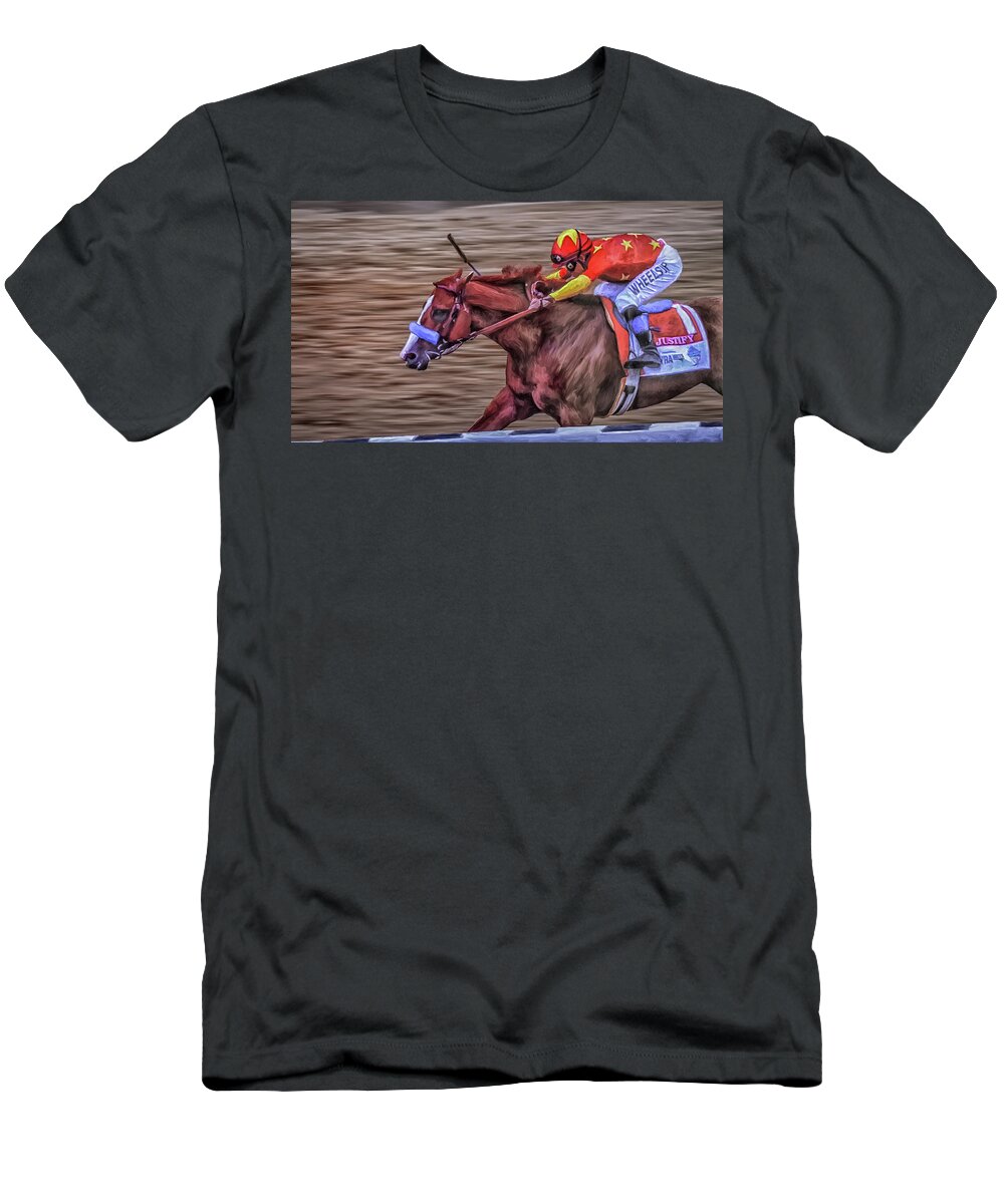 Justify T-Shirt featuring the digital art Triple Crown Winner Justify by Rick Mosher