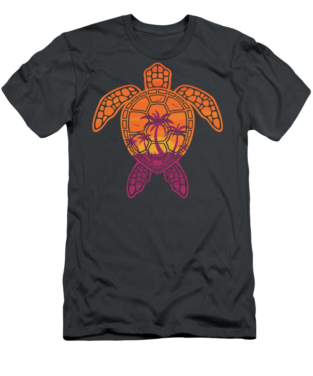 Palm T-Shirt featuring the digital art Tropical Sunset Sea Turtle Design by John Schwegel