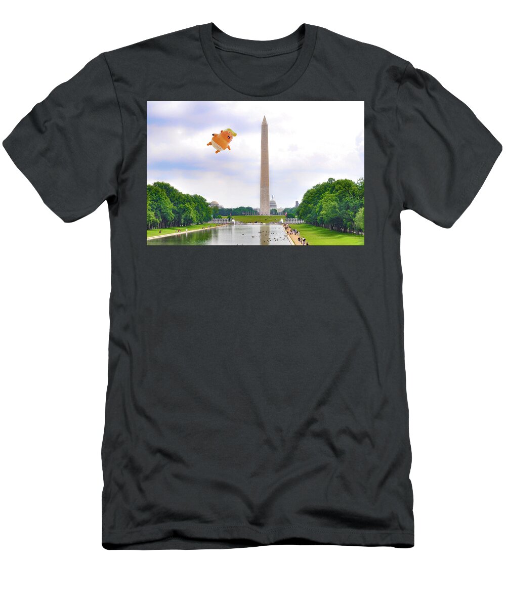 America T-Shirt featuring the photograph Trump Baby Blimp over Washington - America is Already Great by Bill Cannon