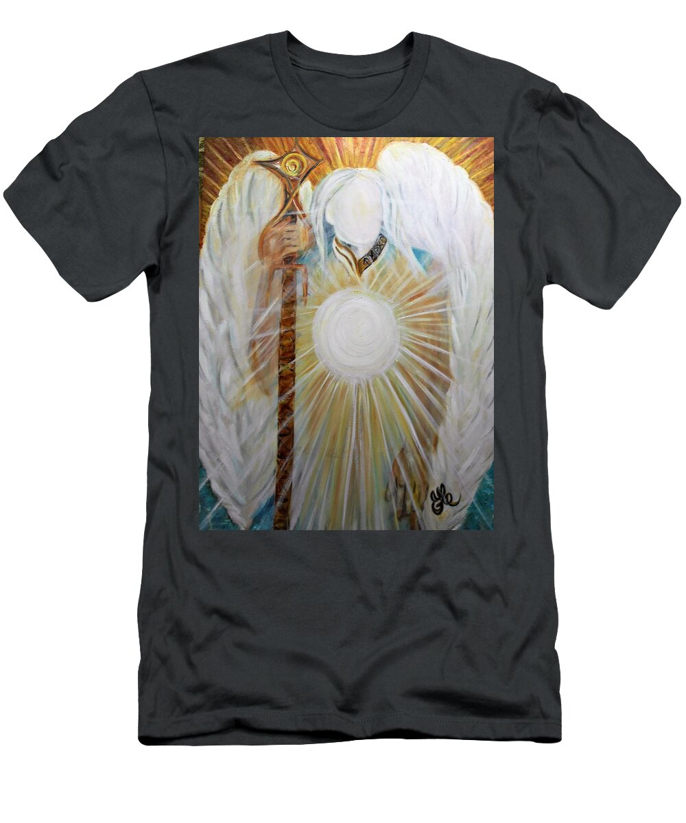 Archangel Michael T-Shirt featuring the painting Trust - MichaelArchangel Series by Yesi Casanova