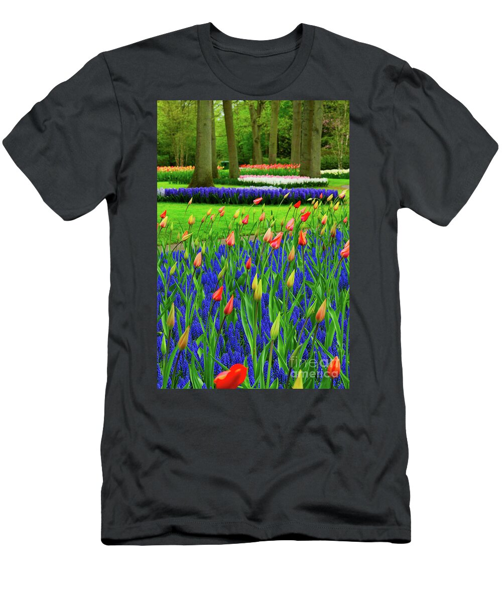 Tulip T-Shirt featuring the photograph Tulips and bluebells by Anastasy Yarmolovich