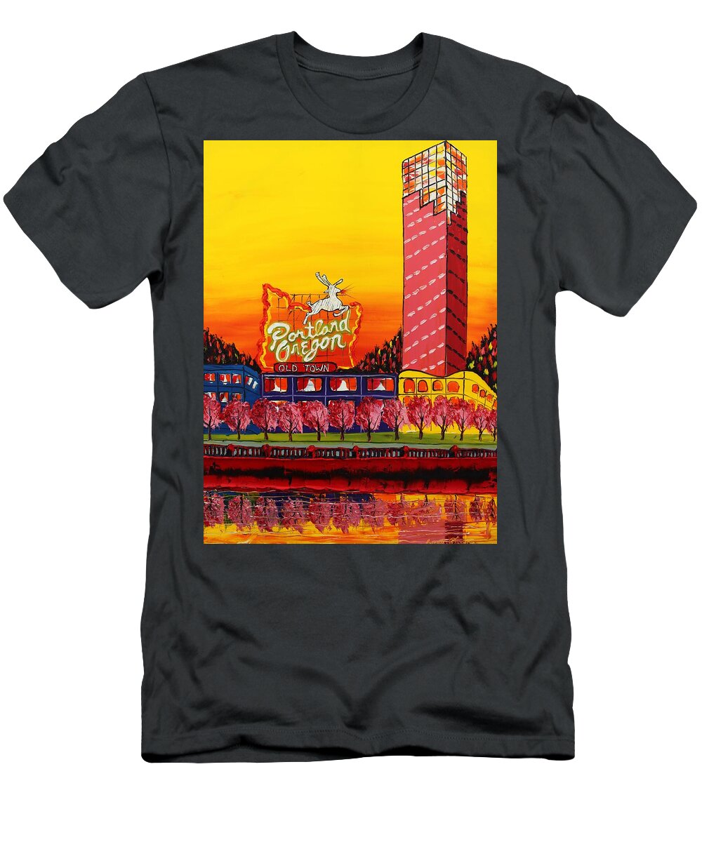  T-Shirt featuring the painting Tuscan Autumn Over Portland Oregon Sign #3 by James Dunbar