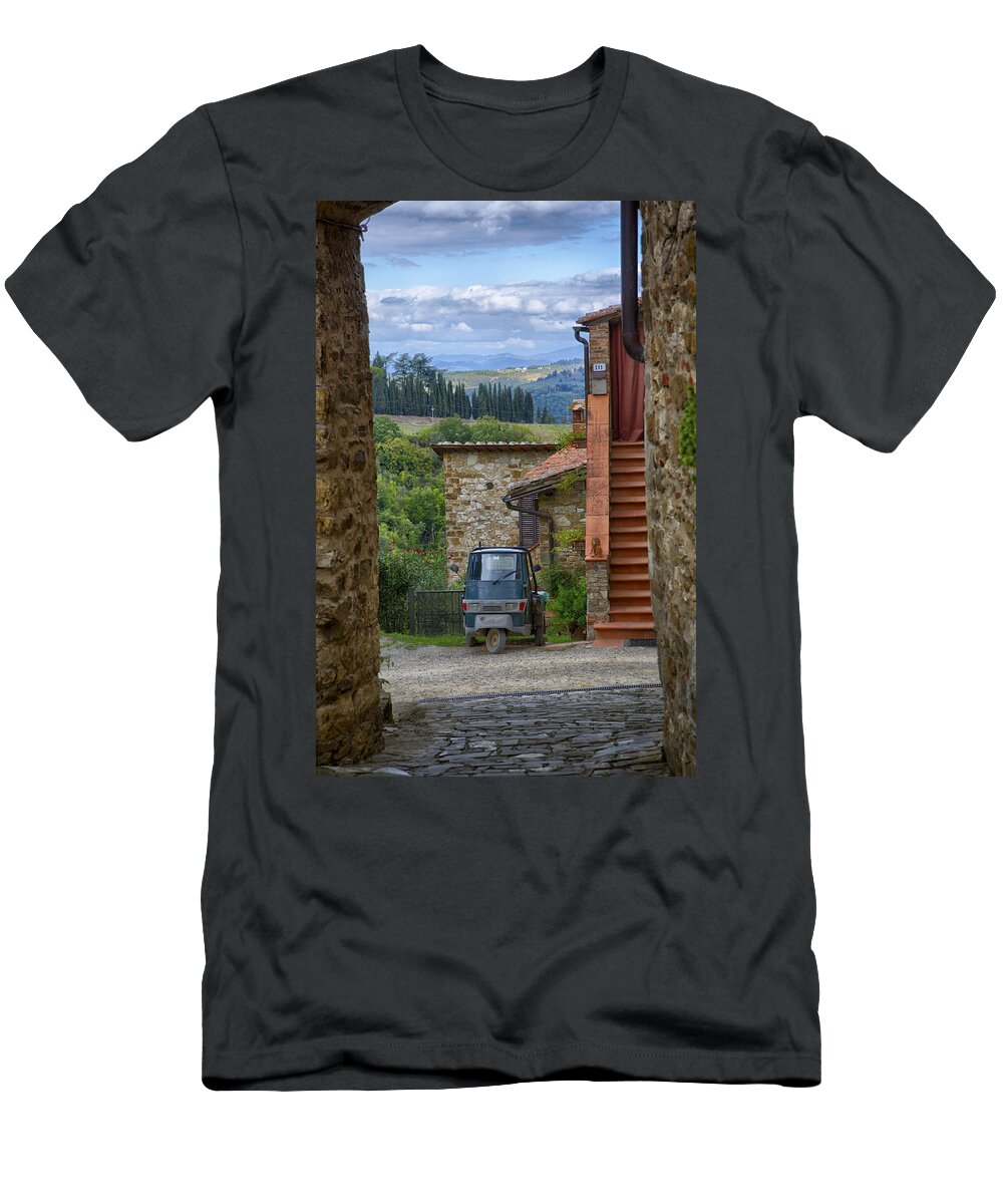 Hill Town T-Shirt featuring the photograph Tuscany Scooter by Kathy Adams Clark