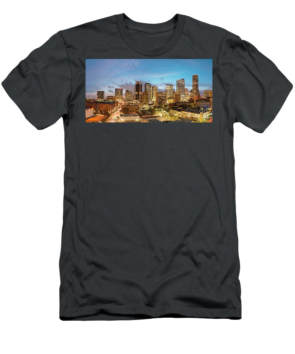 Downtown T-Shirt featuring the photograph Twilight Panorama of Downtown Houston Skyline 2017- Harris County Texas by Silvio Ligutti