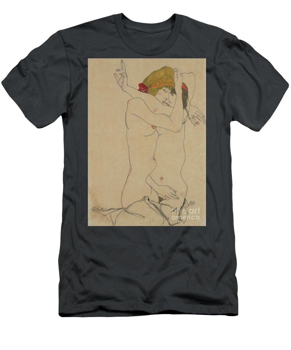 Egon T-Shirt featuring the drawing Two Women Embracing, 1913 by Egon Schiele