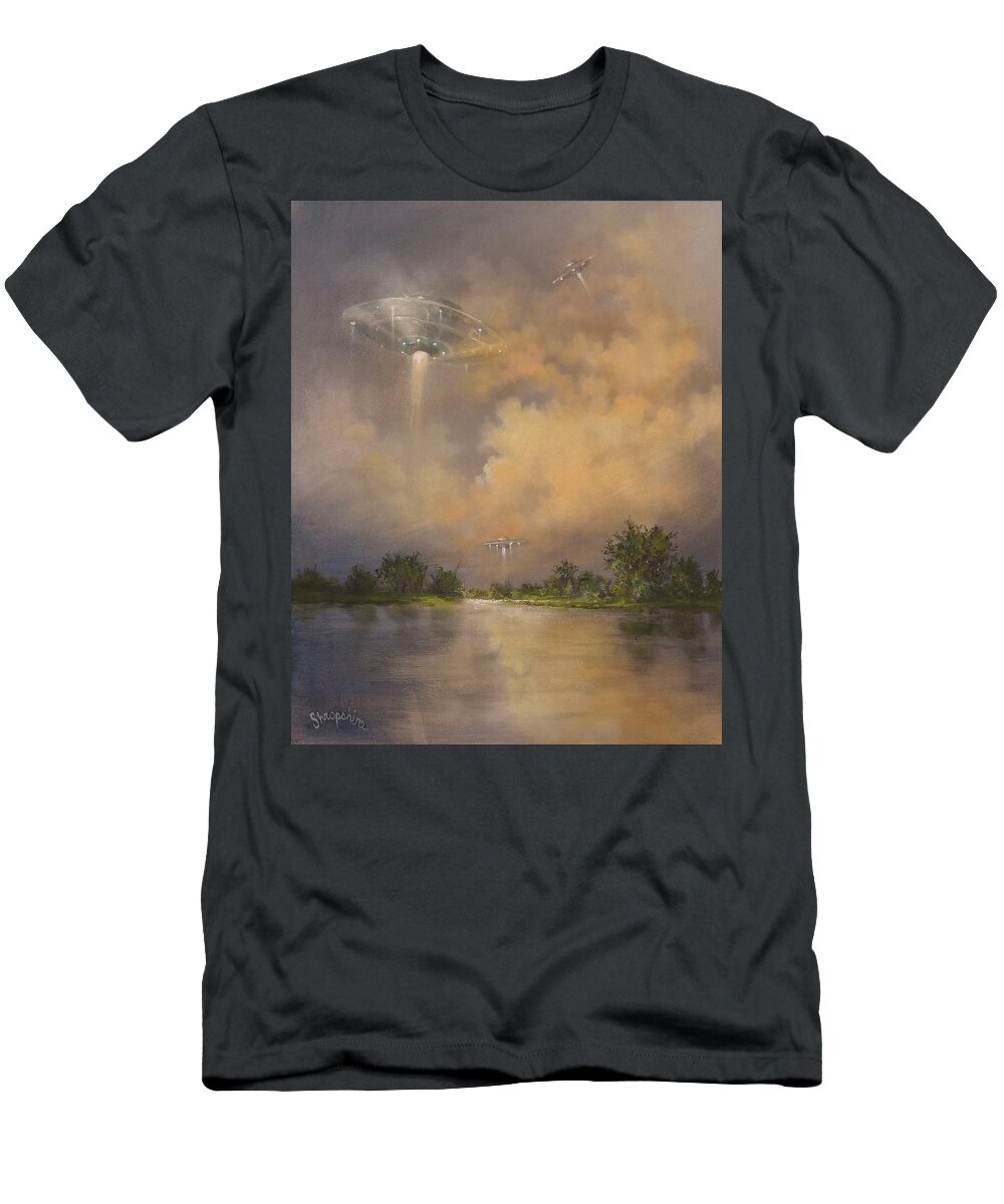 Ufo T-Shirt featuring the painting UFOs Above the Lake by Tom Shropshire
