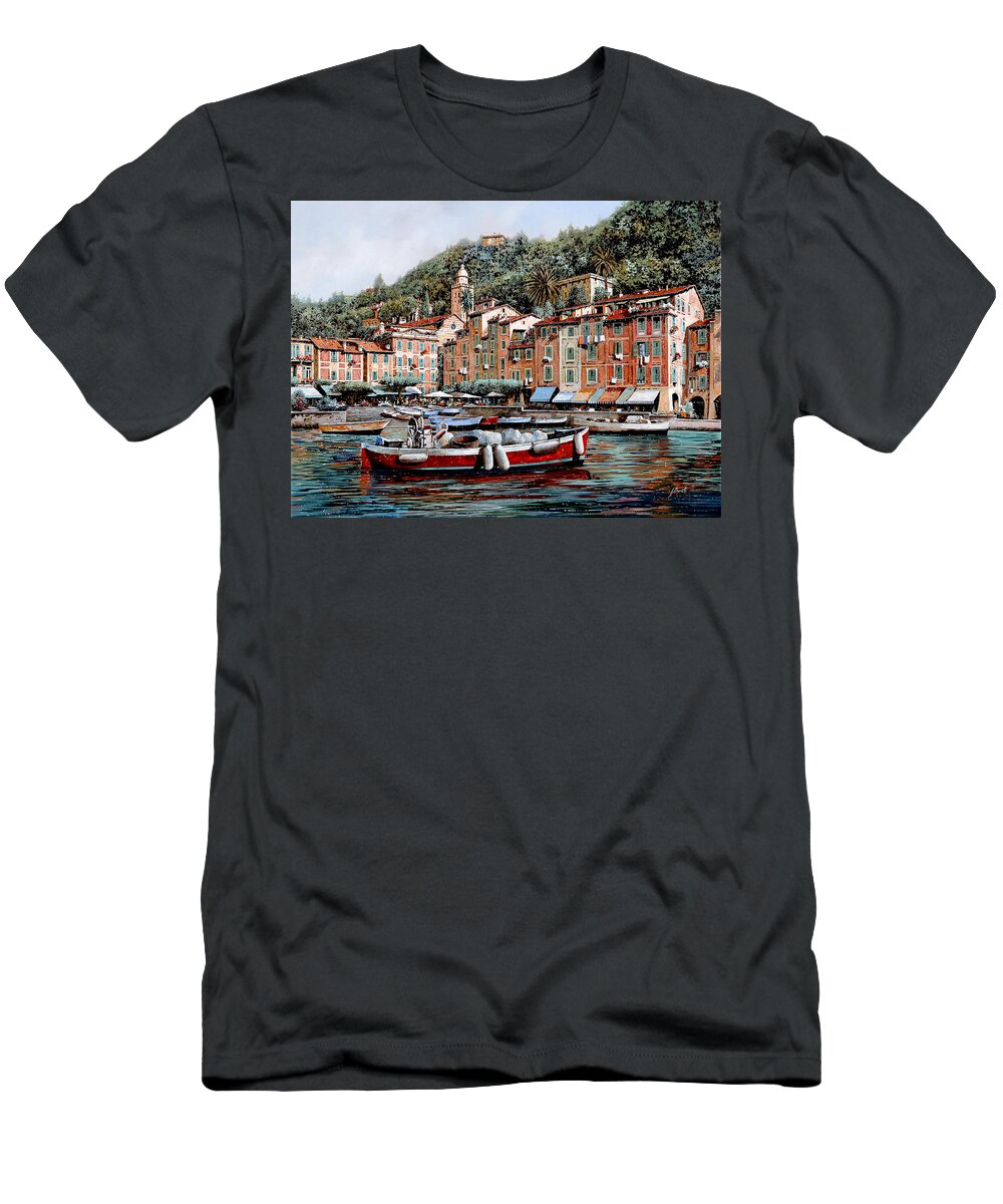 Portofino T-Shirt featuring the painting Una Lunga Barca Rossa by Guido Borelli