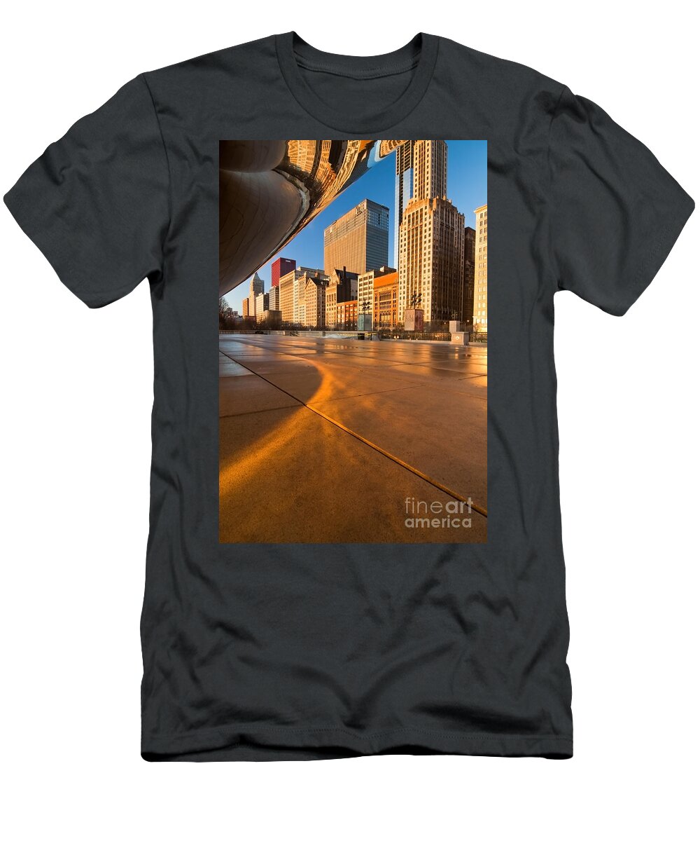 Chicago T-Shirt featuring the photograph Under the bean and Chicago skyline at sunrise by Sven Brogren