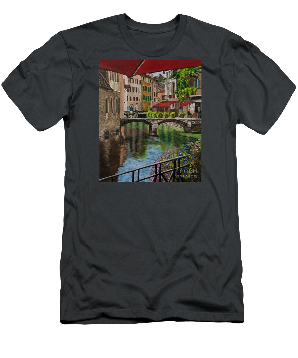 Annecy France Art T-Shirt featuring the painting Under the Umbrella in Annecy by Charlotte Blanchard