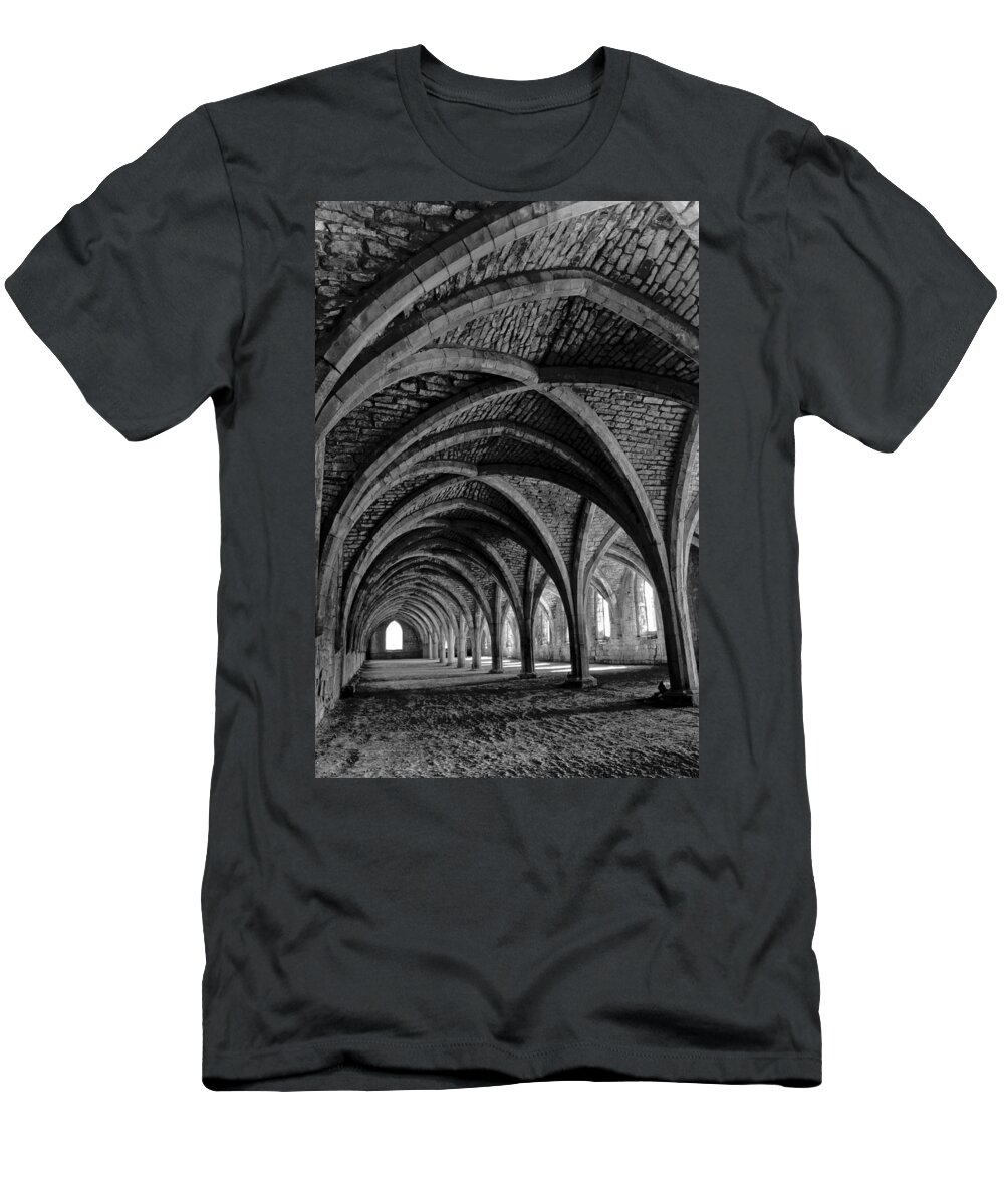 Monochrome Photography T-Shirt featuring the photograph Under the vaults. Vertical. by Elena Perelman