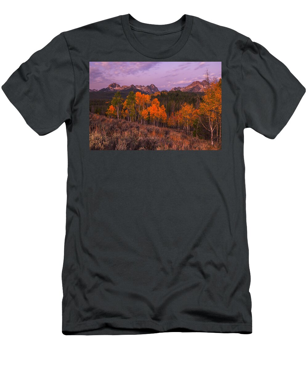 Sawtooth Mountain T-Shirt featuring the photograph Unique image of Sawtooth mountains with autumn trees in the foreground by Vishwanath Bhat