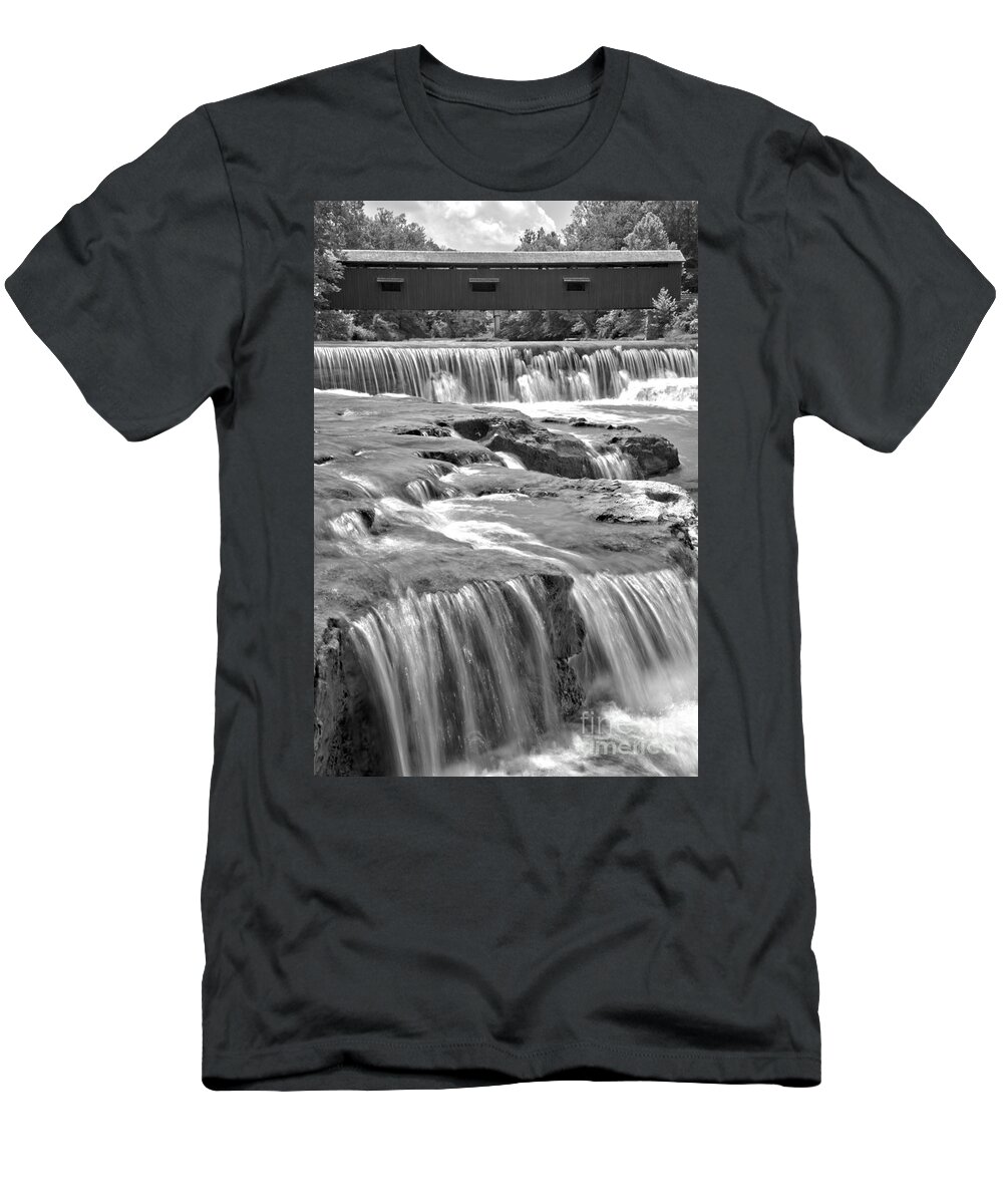 Cataract Falls T-Shirt featuring the photograph Upper Cataract Falls Portrait View Black And White by Adam Jewell