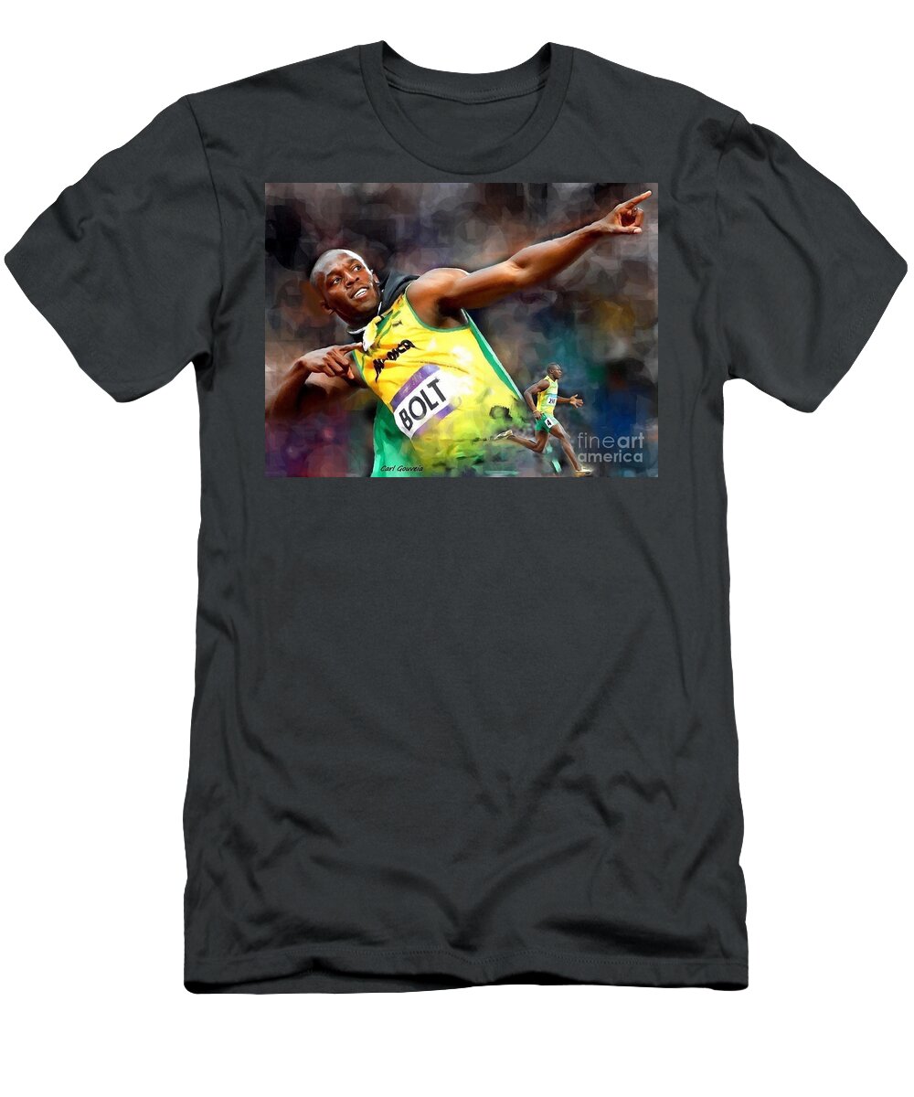 Usain T-Shirt featuring the painting Usain Bolt by Carl Gouveia
