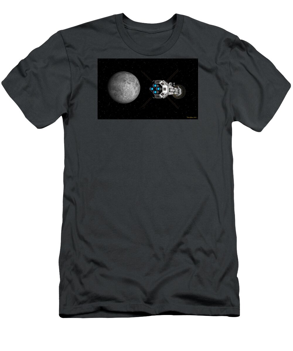 Spaceship T-Shirt featuring the digital art USS Savannah passing earth's moon by David Robinson