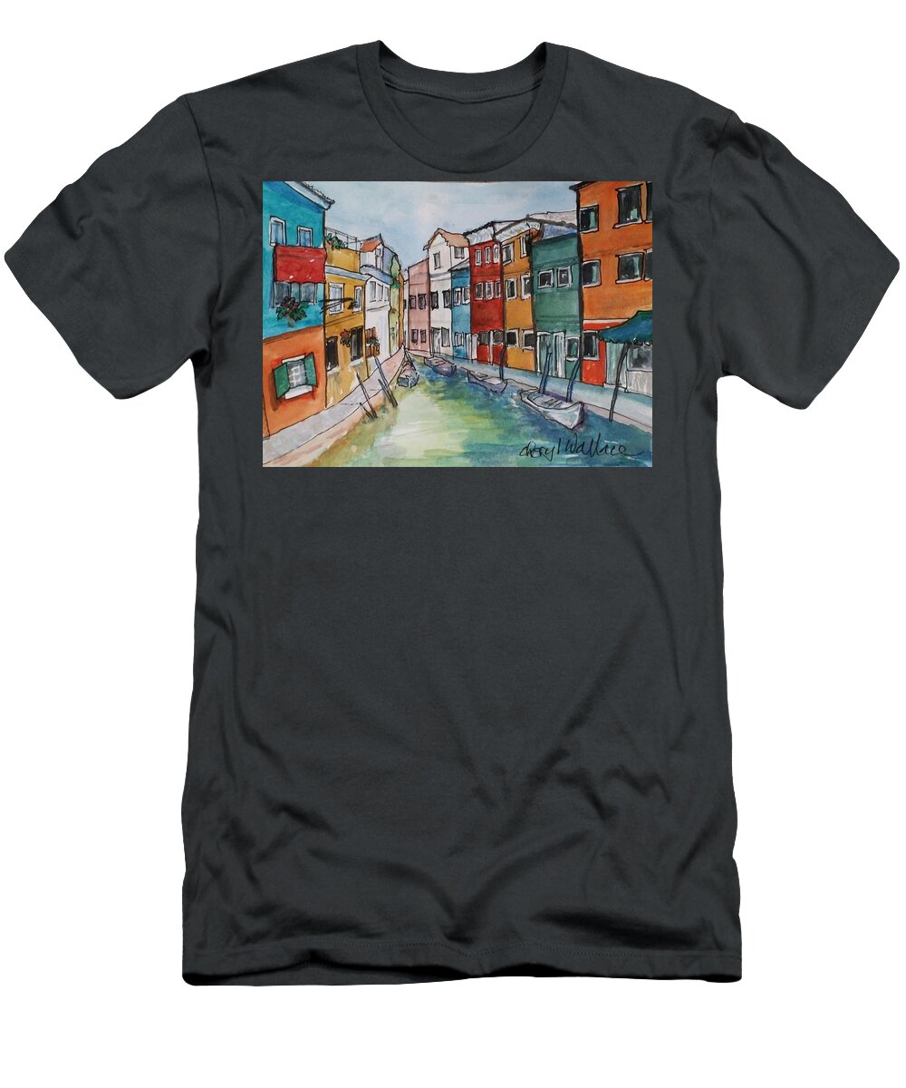 Italy T-Shirt featuring the painting Venetian Waterfront by Cheryl Wallace