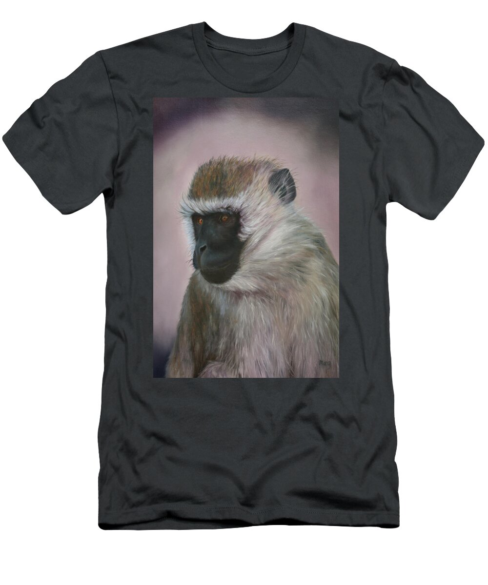 Vervet; Contemplation; Wild Animal; Fur T-Shirt featuring the painting Vervet by Marg Wolf