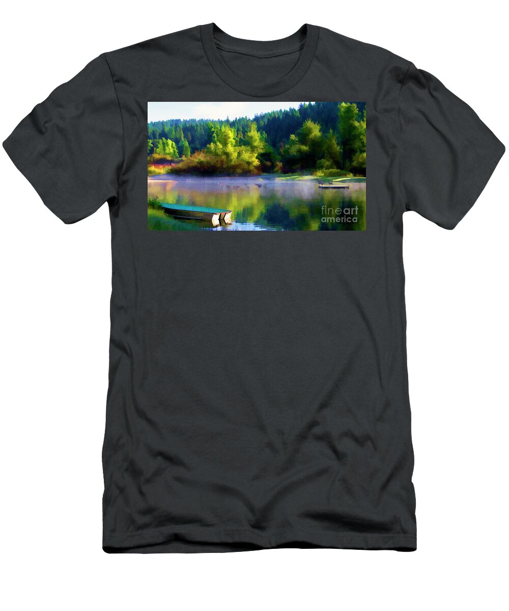 Landscape T-Shirt featuring the photograph Vibrant Color Pond Boat Geese by Chuck Kuhn
