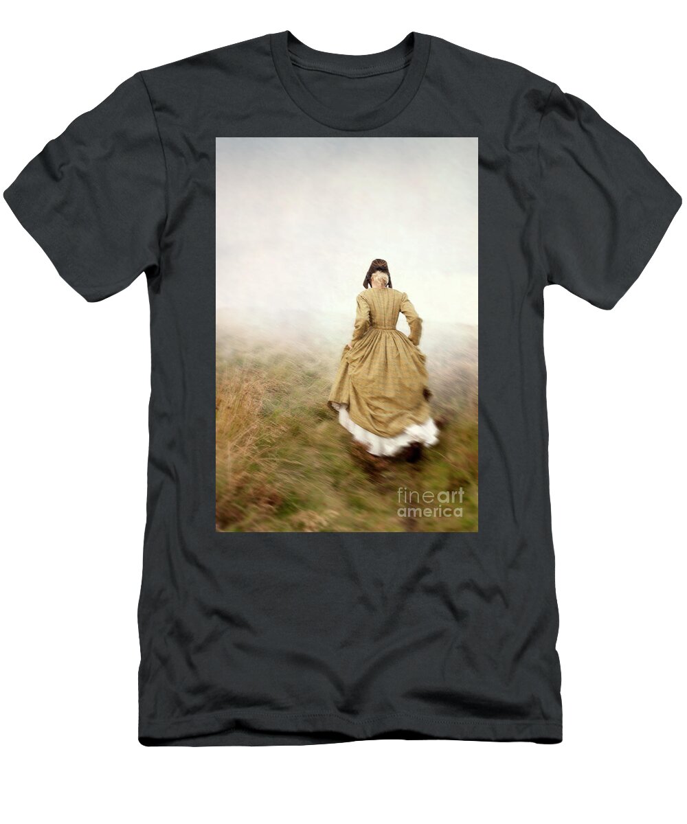 Victorian T-Shirt featuring the photograph Victorian Woman Running On The Misty Moors by Lee Avison
