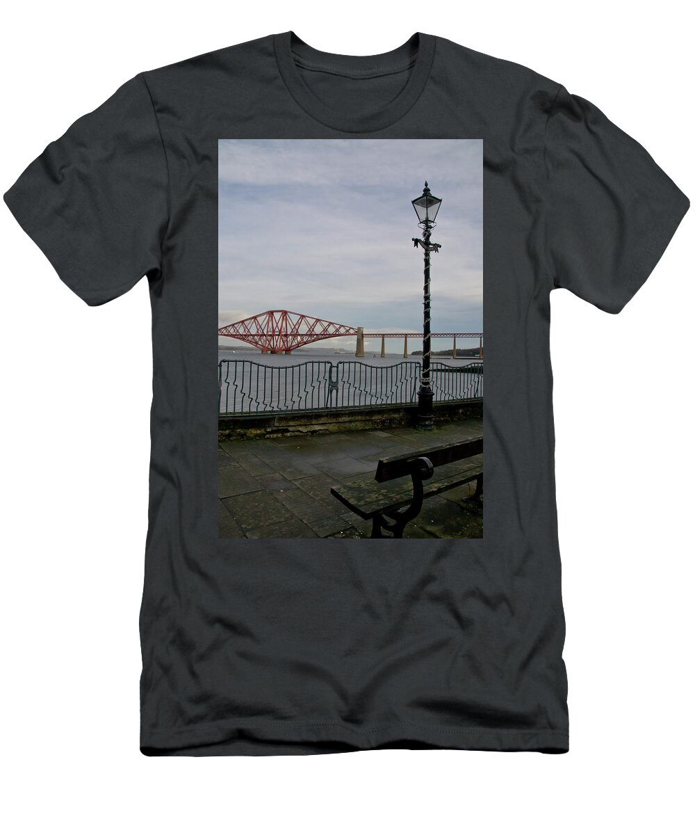 Forth Rail Bridge T-Shirt featuring the photograph View at the Forth rail bridge from High Street in South Queensferry by Elena Perelman