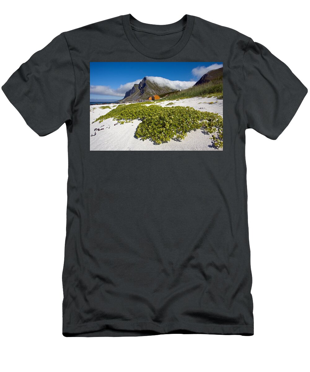 Flakstad Island T-Shirt featuring the photograph Vikten Beach with Green Grass, Mountains and Clouds by Aivar Mikko