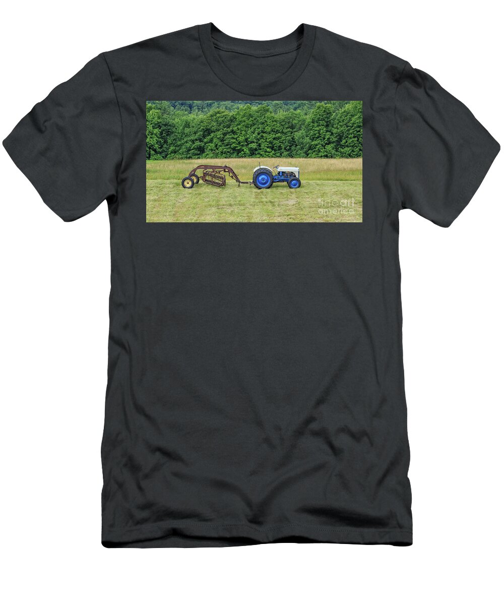Tractor T-Shirt featuring the photograph Vintage Ford Blue and White Tractor on a Farm by Edward Fielding