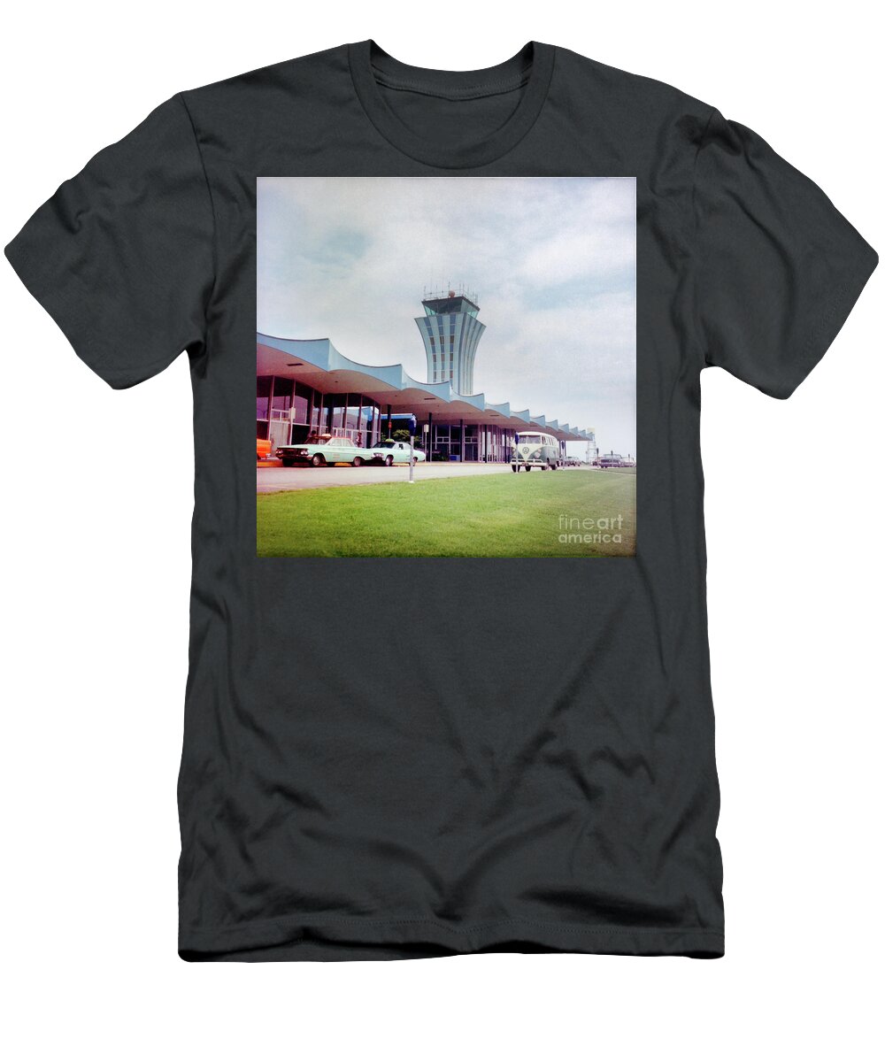 Mueller Airport T-Shirt featuring the photograph Vintage view of the Robert Mueller Municipal Airport Control Tower by Dan Herron
