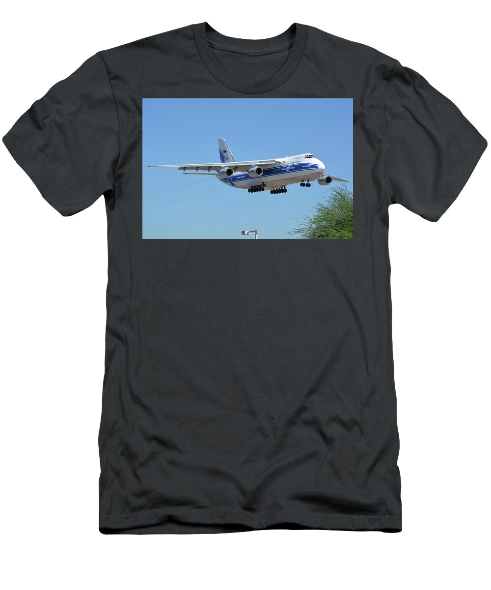 Airplane T-Shirt featuring the photograph Volga-Dnepr An-124 RA-82068 Landing Phoenix Sky Harbor June 15 2016 by Brian Lockett