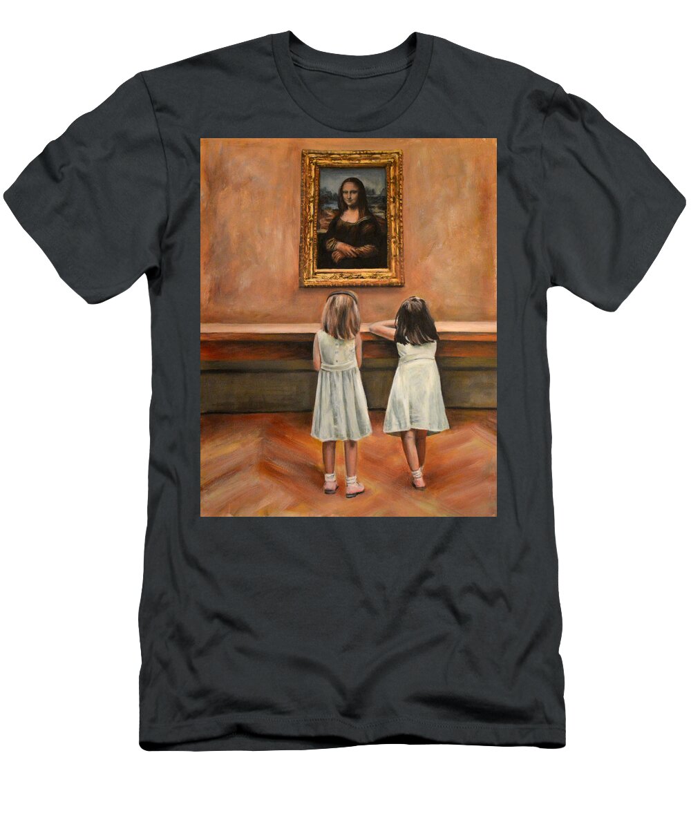 Monalisa T-Shirt featuring the painting Watching Mona Lisa by Escha Van den bogerd