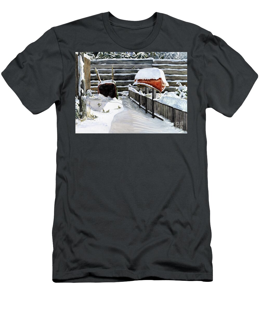 Canoe T-Shirt featuring the painting Waiting For Spring by William Band