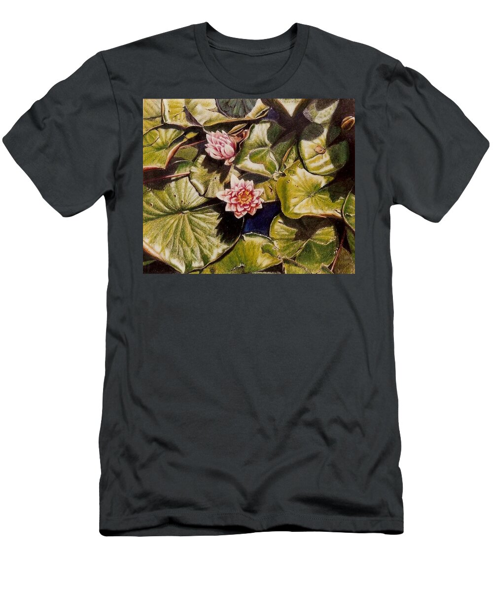 Pink T-Shirt featuring the painting Water lilies on the Ringdijk by Constance Drescher