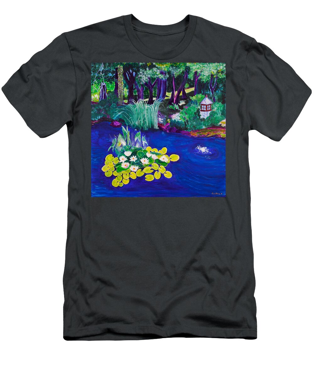 Lilies T-Shirt featuring the painting Water Lily Garden 30x30 by Santana Star