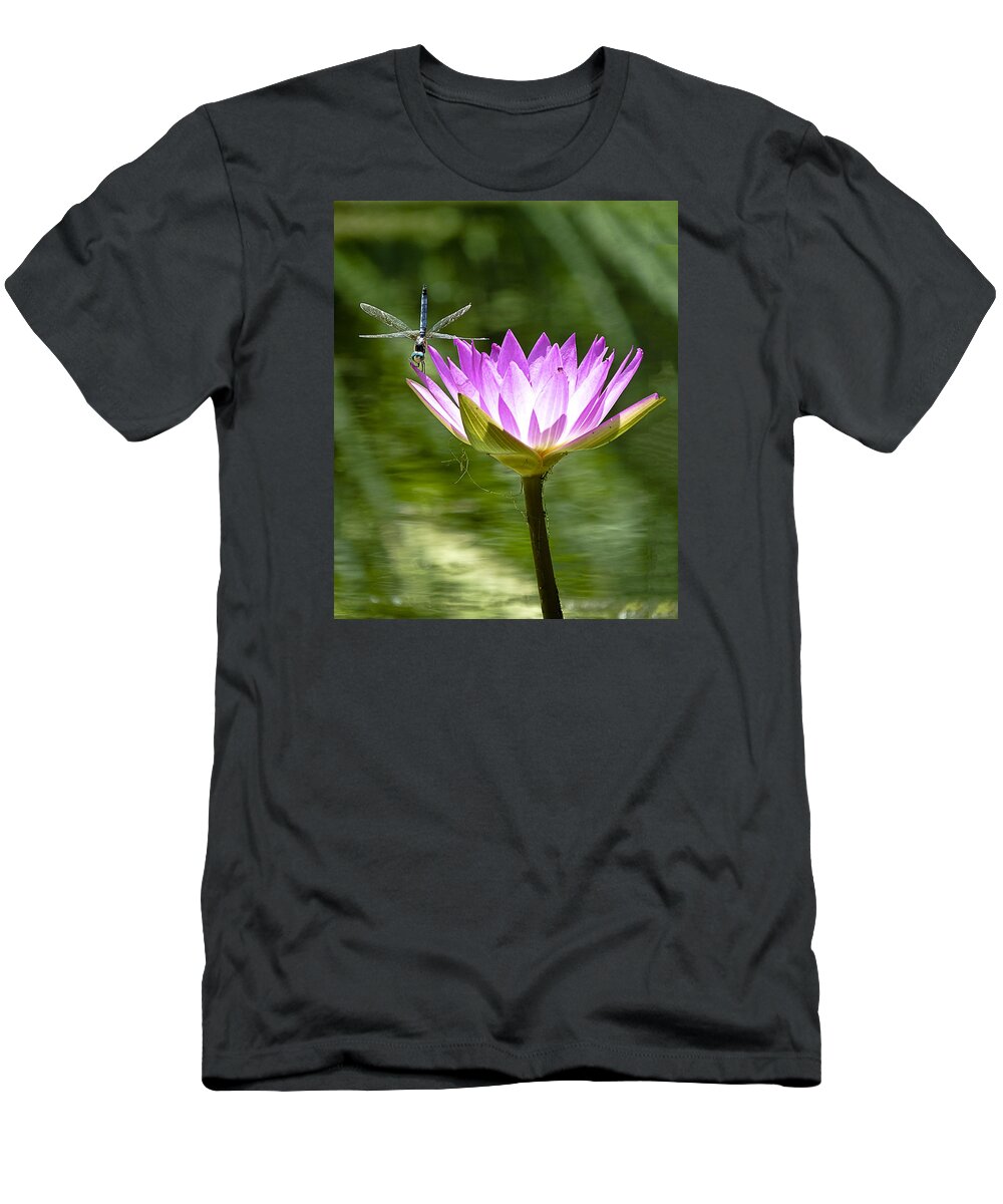 Water Lily T-Shirt featuring the photograph Water Lily with Dragon Fly by Bill Barber