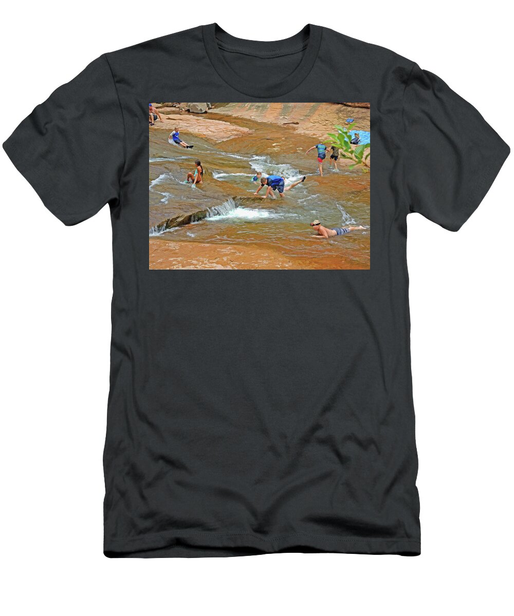 Slide Rock T-Shirt featuring the mixed media Water Play 3 by Lynda Lehmann
