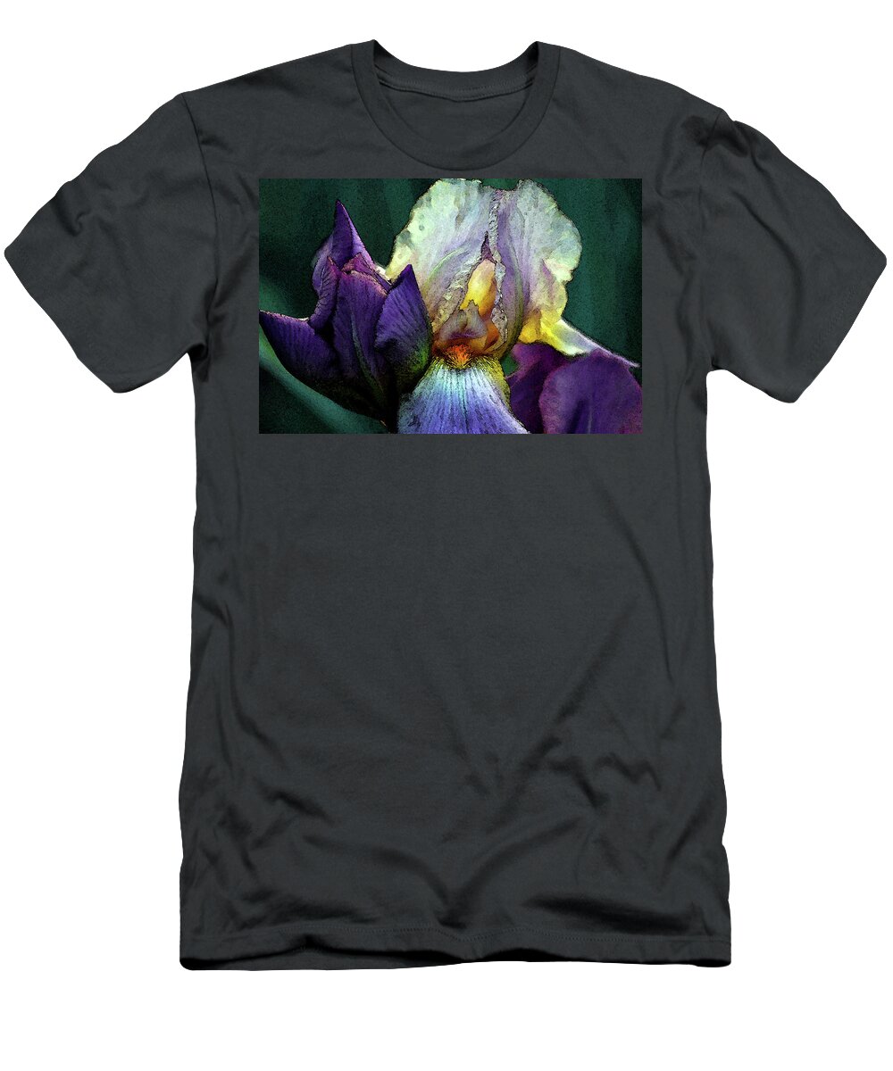 Watercolor T-Shirt featuring the photograph Watercolor Cream and Purple Bearded Iris With Bud 0065 W_2 by Steven Ward